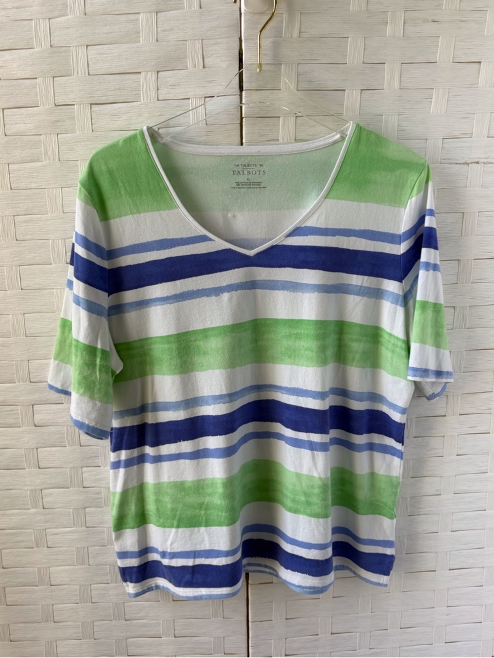 Talbots XL VNeck Short Sleeve Classic Stripe Tee Casual Closet Staple Blue Green